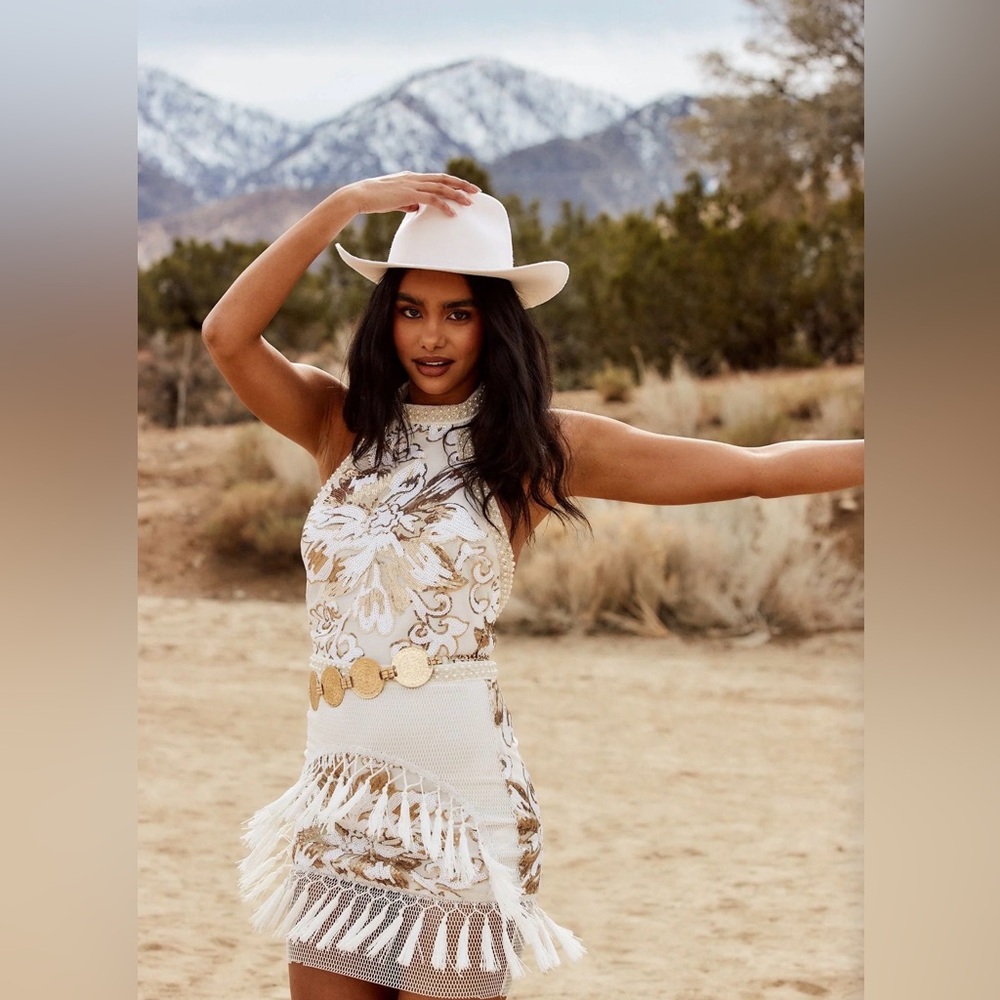 Like Gold Dust 12th Tribe White and Gold with fringe Dress NWOT size M